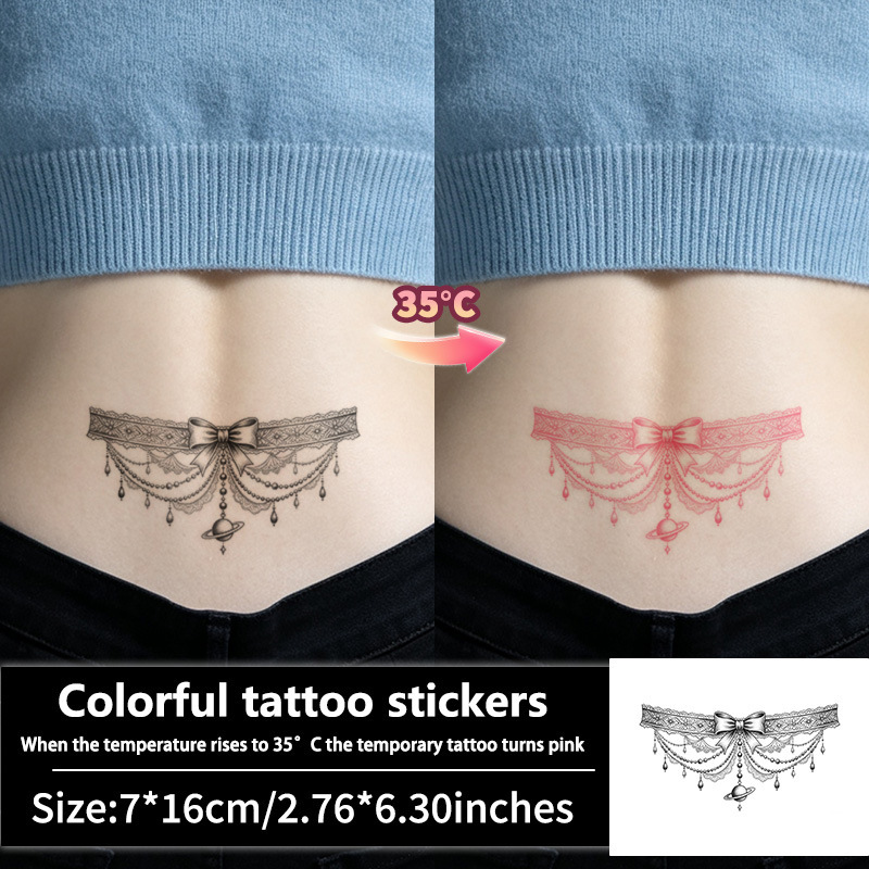 Thermochromic tattoo stickers that change color when heated, with lace bow and planet pendant for the lower back, waist, and crotch, waterproof tattoo stickers