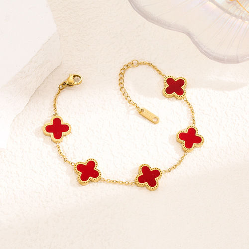 Lucky Four-Leaf Clover Pearl Bracelet 18K Gold Colorfast Influencer High-End Style Titanium Steel Stainless Steel Necklace