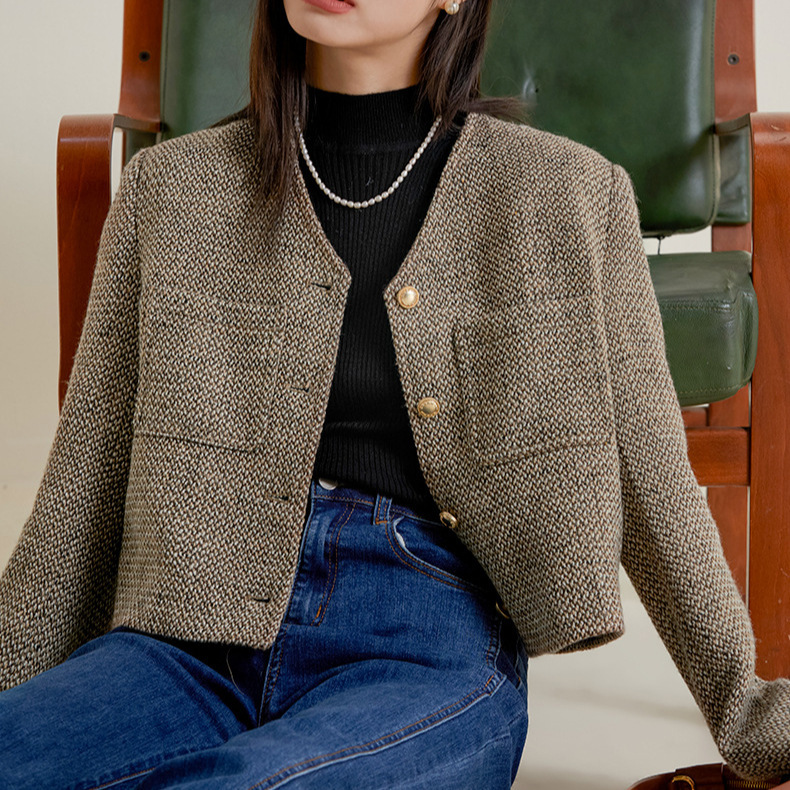 Maillard Coffee-Colored Short Jacket for Women, French-Style Cross-Border Socialite Temperament, Chanel-Inspired Tweed Long-Sleeve Jacket Top