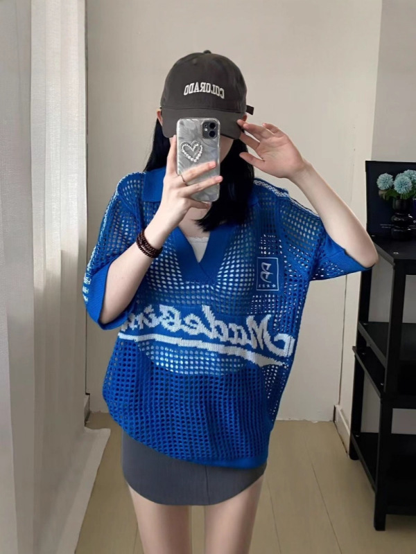 アメリカンレトロホットガールレタープリント中空Tシャツレディース夏新作ルーズレイジースタイルラペル半袖トップ|undefined