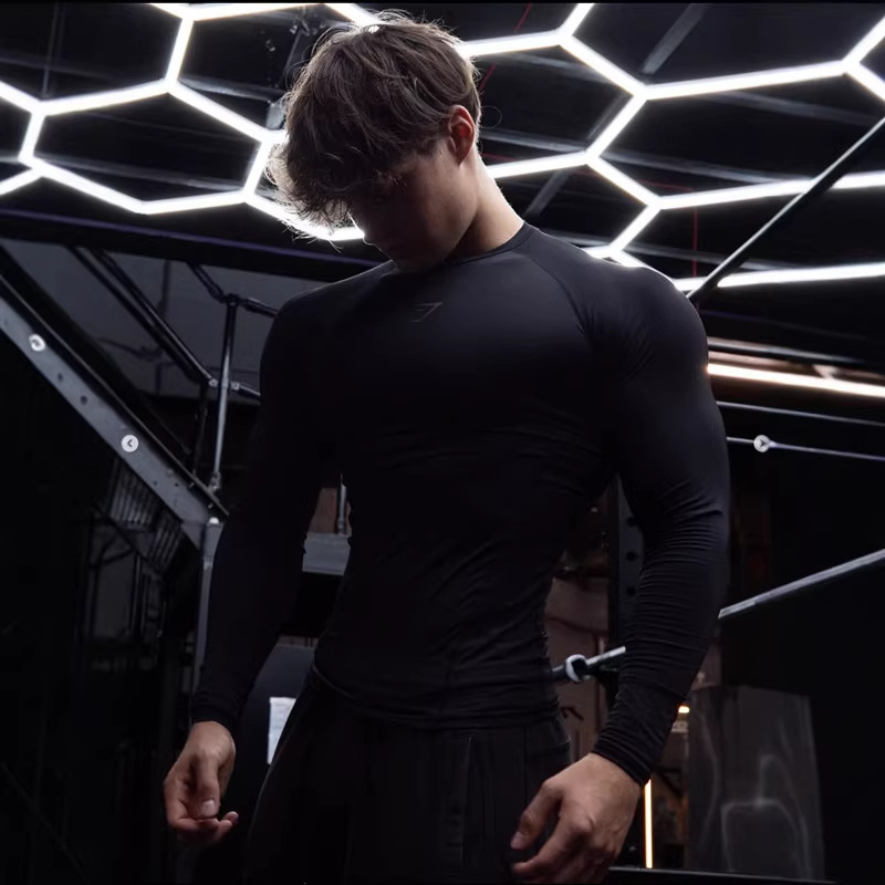 Gymshark Fitness Sports Tights Long-Sleeved Men's Casual Breathable Quick-Drying Clothing Round Neck Autum Style Outdoor Running
