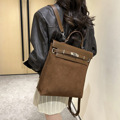 2023秋冬新款磨砂拼接復古高級感真皮女士凱莉背包洋氣百搭雙肩包