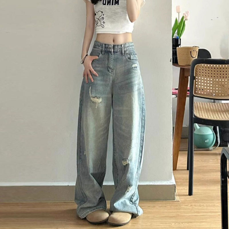 Ripped Jeans for Women, Light Color, Large Size, Fat Mm, High Waist, Loose Straight Pants, Pear-Shaped Frayed Design, Wide-Leg Pants