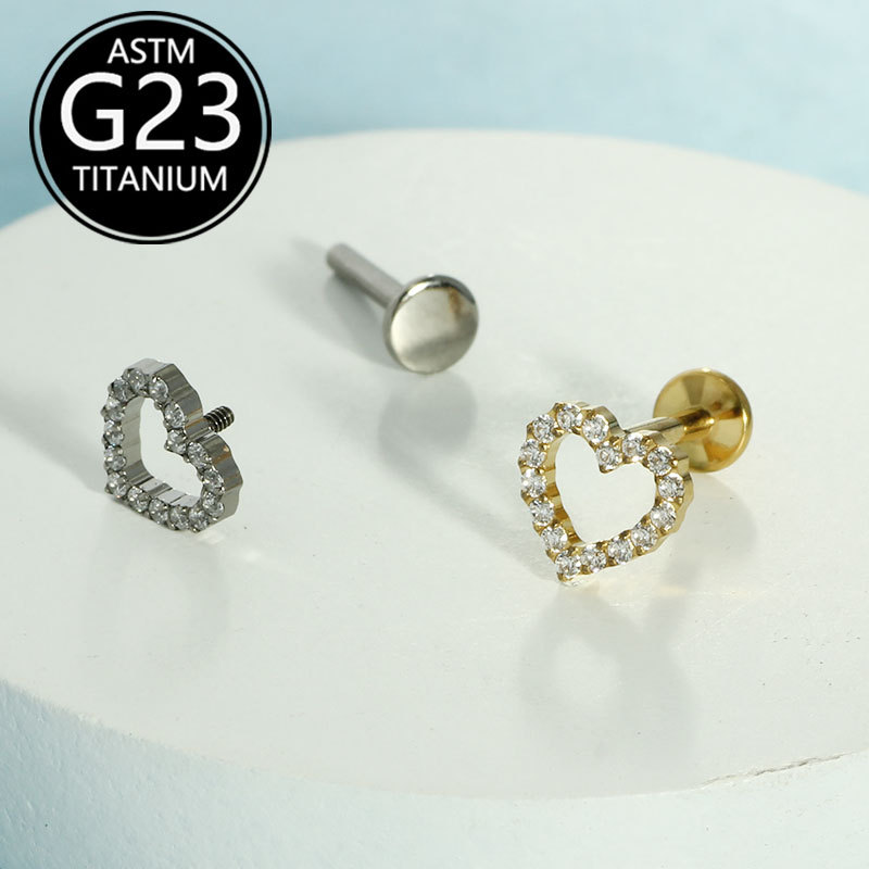 1.2mm Thick F136 Titanium Lip Stud with Fashionable Zircon Heart-Shaped Ear Bone Stud, G23 Titanium Body Piercing Jewelry detail image 7