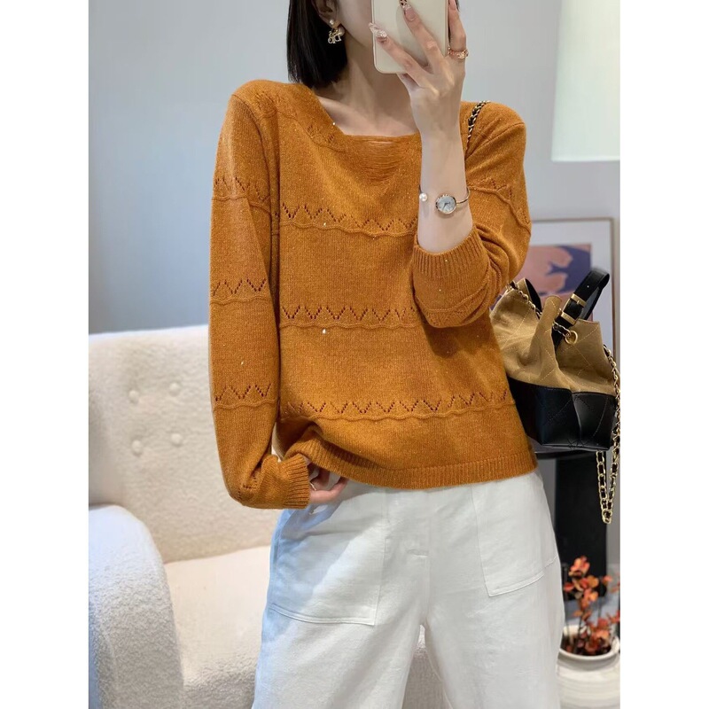 2026 Autumn New Sequin V-Neck Sweater Long Sleeve Knit Top for Women, European Style, Loose Fit, Thin, Hollow-Out Sweater Top 2026 Autumn New Sequin V-Neck Sweater Long Sleeve Knit Top for Women, European Style, Loose Fit, Thin, Hollow-Out Sweater Top