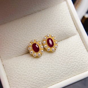 New natural old baked ruby earrings S925 silver inlaid with main stone 3*5mm Joker net red explosions women's jewelry batch