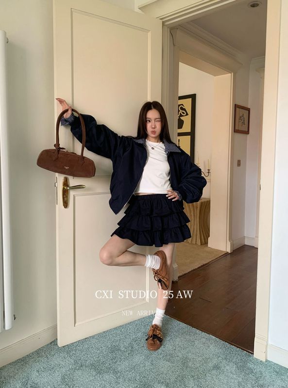 CXI 格纹百搭工装夹克女秋季流行美式格子上衣休闲宽松撞色外套|undefined