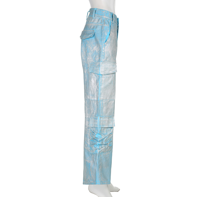 Women Clothing Metallic Coated Fabric Bright Silver Jeans Workwear with Pocket Casual Pants Straight Leg Pants Sets