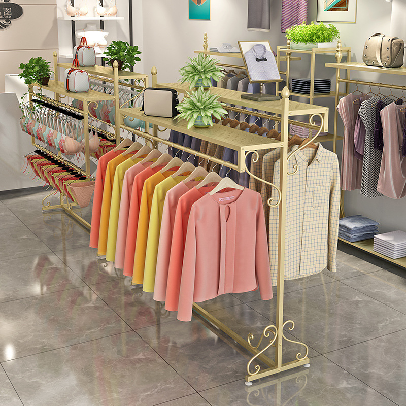 Island display rack in clothing store, floor-standing children's clothing store, golden display rack, clothing rack, shelf, double row hanger