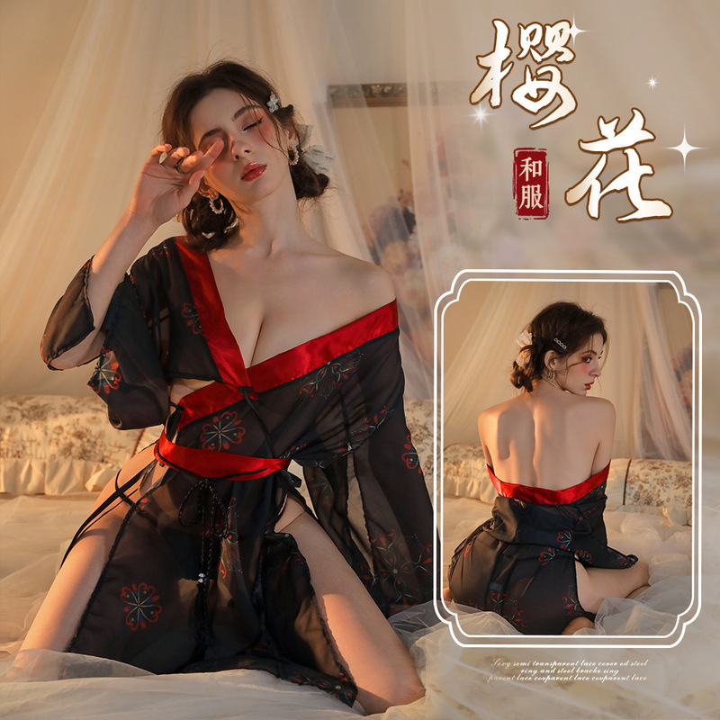 Sexy Lingerie Uniform Pure Desire Free Chiffon Pajamas Black Japanese Ancient Costure Printed Kimono Clothes suit Sexy Lingerie Uniform Pure Desire Free Chiffon Pajamas Black Japanese Ancient Costure Printed Kimono Clothes suit