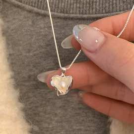 爱心珍珠吊坠项链S925纯银ins小众设计感女锁骨链简约百搭冷淡风