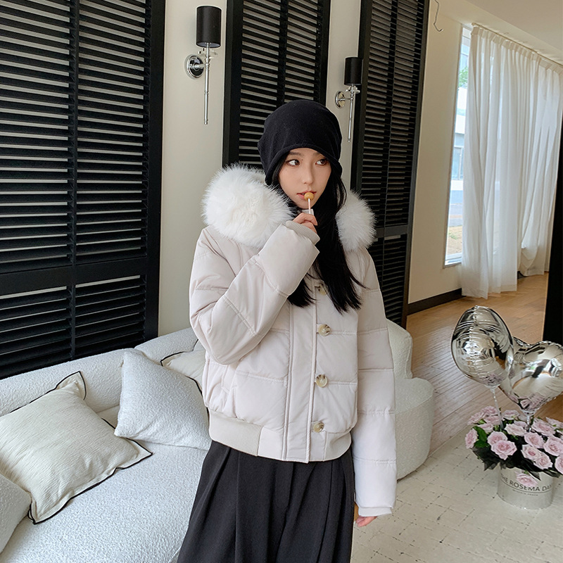 冬季百搭藏青色连帽毛领短款棉衣棉袄女新款保暖加厚羽绒棉服外套|undefined