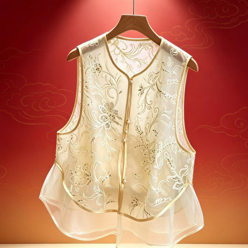 New Chinese style pink patchwork vest for women, 2026 new autumn style, high-end thin Chinese style vest top.