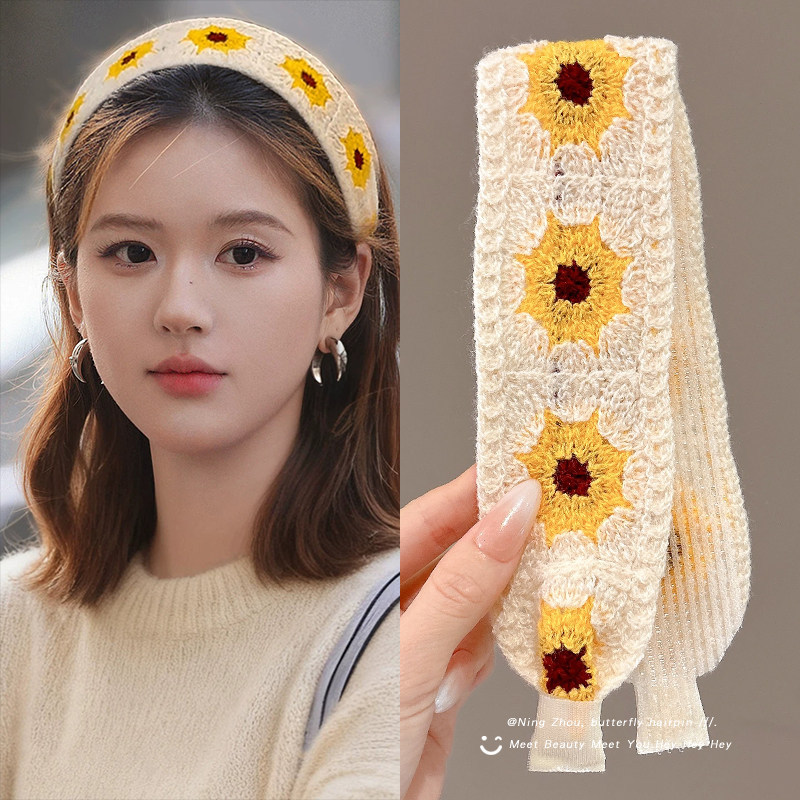 Knitted wool magic tape hair band, face washing hair tie, wide-brimmed headband for women, bangs and stray hair organizer