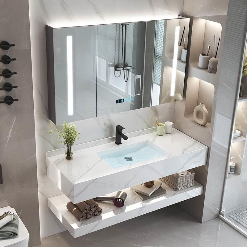 定制岩板一体台盆浴室柜组合洗脸池壁挂式洗手台大理石洗漱台悬空