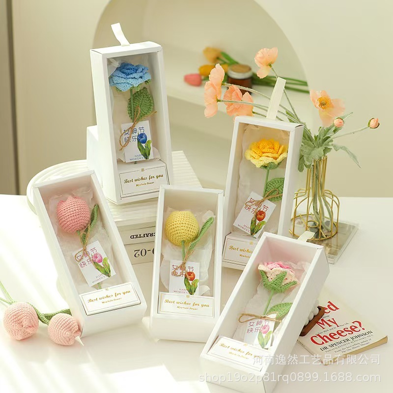 高級ギフトボックス入り毛糸の花完成品、ひまわり、バラ、チューリップ、手編みの花、造花、越境販売|undefined