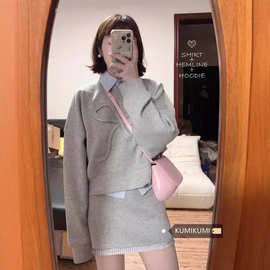韩版休闲套装女灰色减龄蝴蝶结卫衣衬衫上衣早秋高腰半身裙三件套