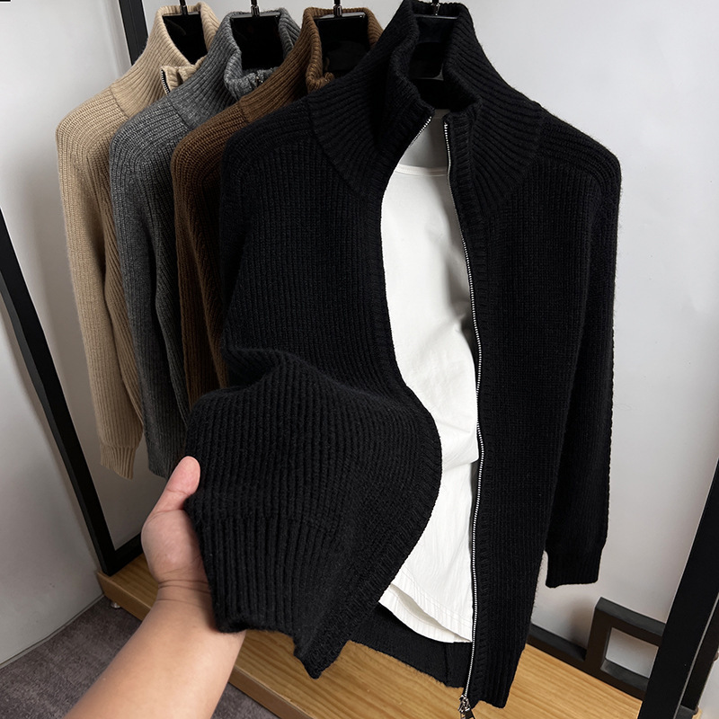 Double Zipper Turtleneck Cardigan Men's Knitwear Autumn and Winter Thick Sweater Coat Men's Solid Color Jacket Coarse Sweater