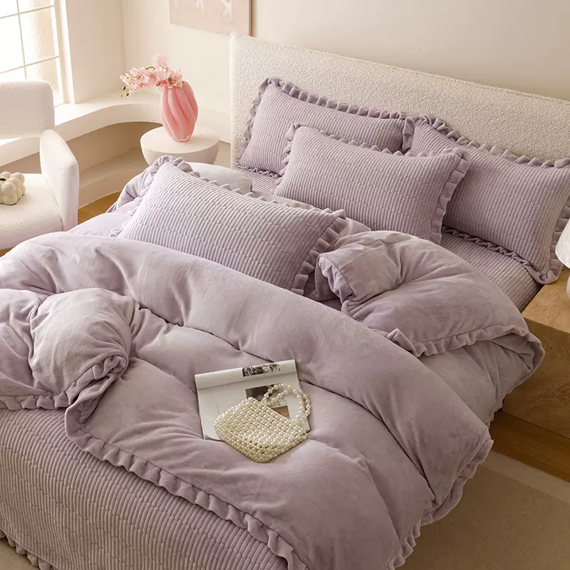 小红书同款加厚牛奶绒床盖四件套法式公主风冬季珊瑚绒单被套罩