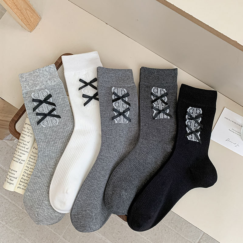 Mid-Calf Socks Autumn and Winter New Style Korean Lace Bow Stacked Socks Gray Boneless Sweet Socks for Women Versatile