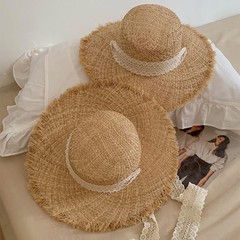 フレンチヘボン風レースラフィー麦わら帽子女性夏平頂礼帽ビーチ海辺の大きなつば帽子日よけ帽子