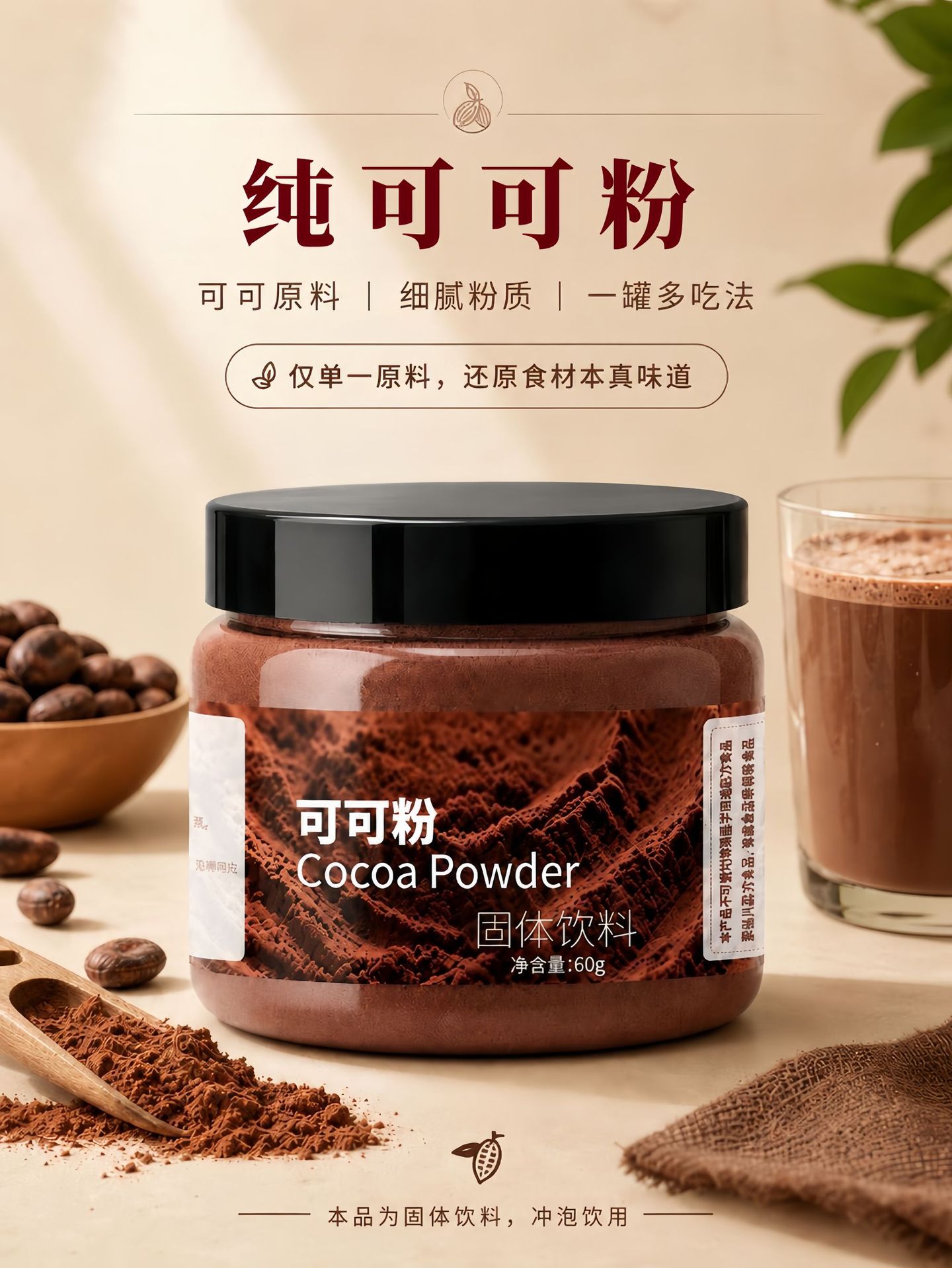 Pure Cocoa Powder Instant Drink Mix 60g Can Sugar-Free Baking Dessert Milk Tea Ingredient overview