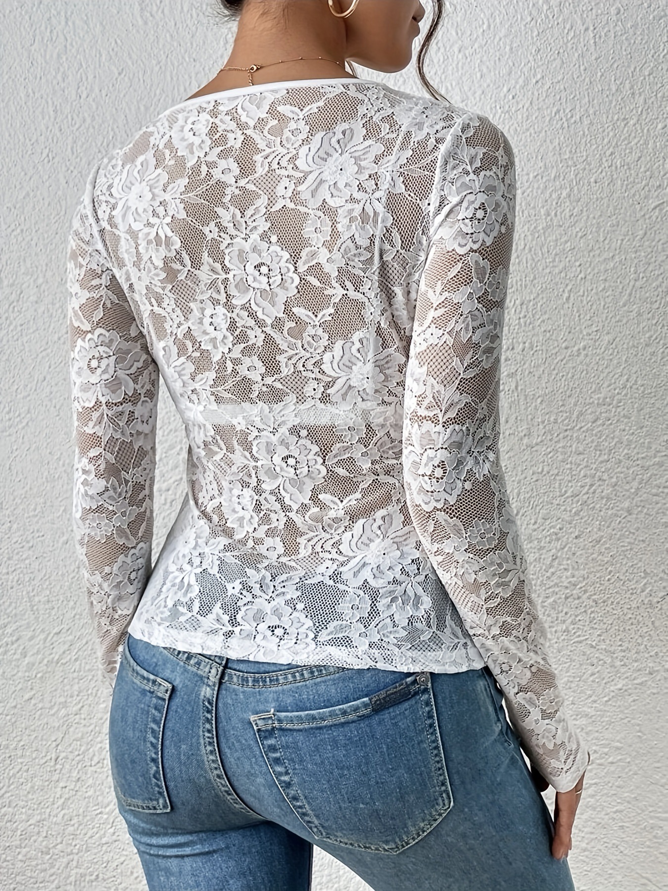 154g Weight Long Sleeve Sleeve Length Regular Sleeve Sleeve Type Lace, Nylon Fabric Type Ordinary Model (50cm <Length ≤ 65cm) Top Length Pullovers Tops Type Nightclub, Date, Tea Party Occasion V Neck Neckline Lace Function Slim Fit Type Solid Color Pattern 2025 Spring and Summer Season Women's Gender Elegant Style, Temperament Commuter Style 2025 Spring New Sexy Single Layer Flower Lace Fan Decoration Bottoming Shirt Top Female 13