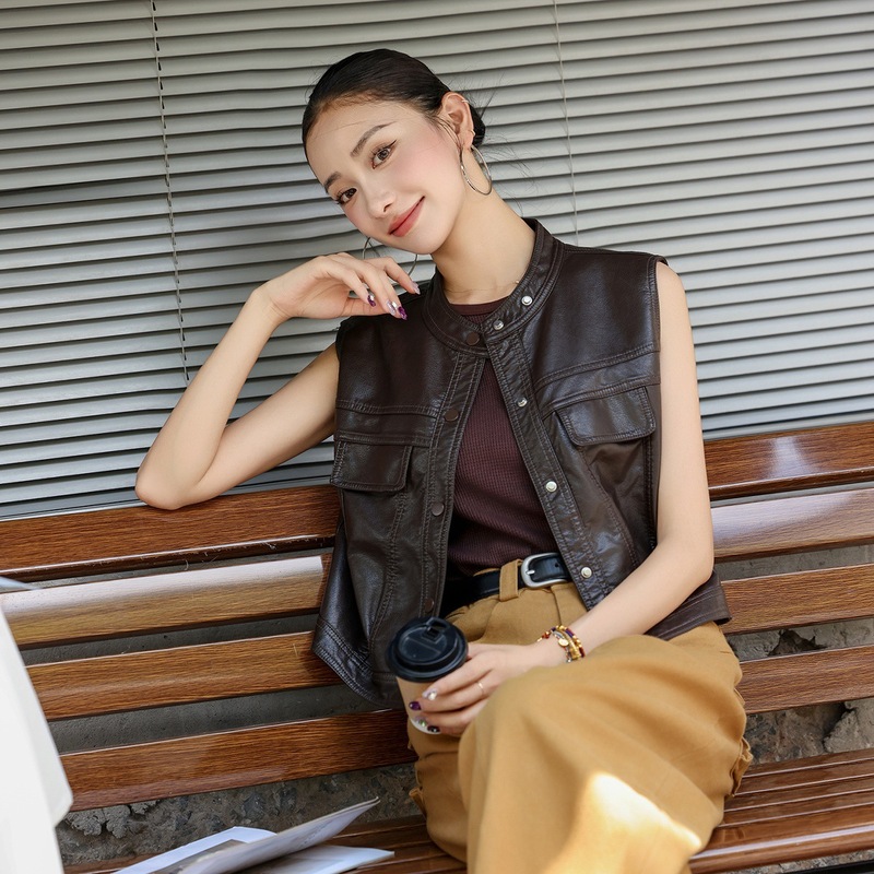 覆古机车皮衣马甲女2025春秋新款外穿背心坎肩短款无袖皮夹克上衣|undefined