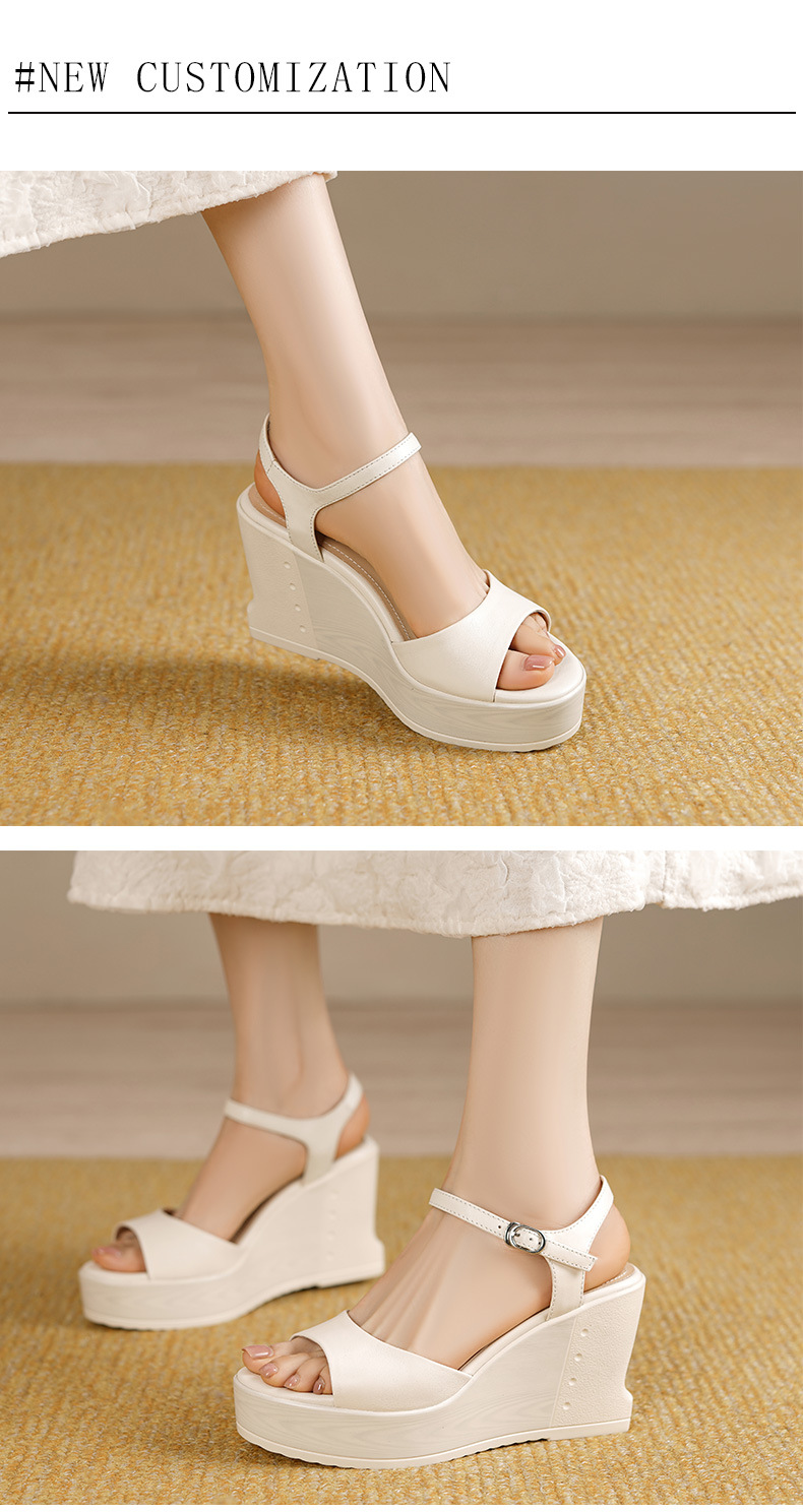 Sandal nữ da bò cao cấp quai ngang mũi hở gót nêm đế platform — màu đen, màu trắng ngà chi tiết 4