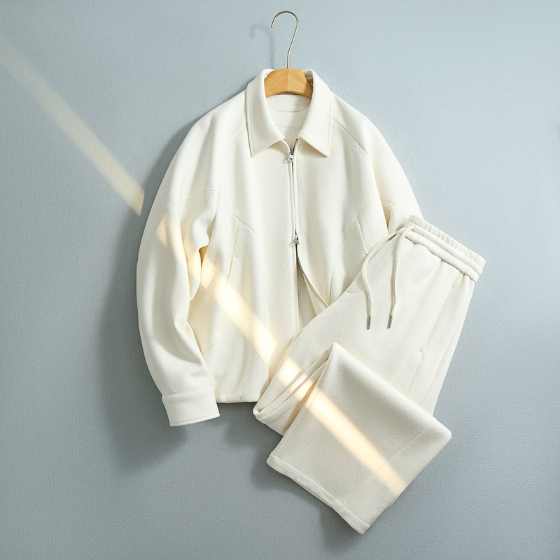 New autumn and winter clothing, two-piece set with a turn-down collar, Korean style casual business youth jacket and pants, white men's suit, solid color