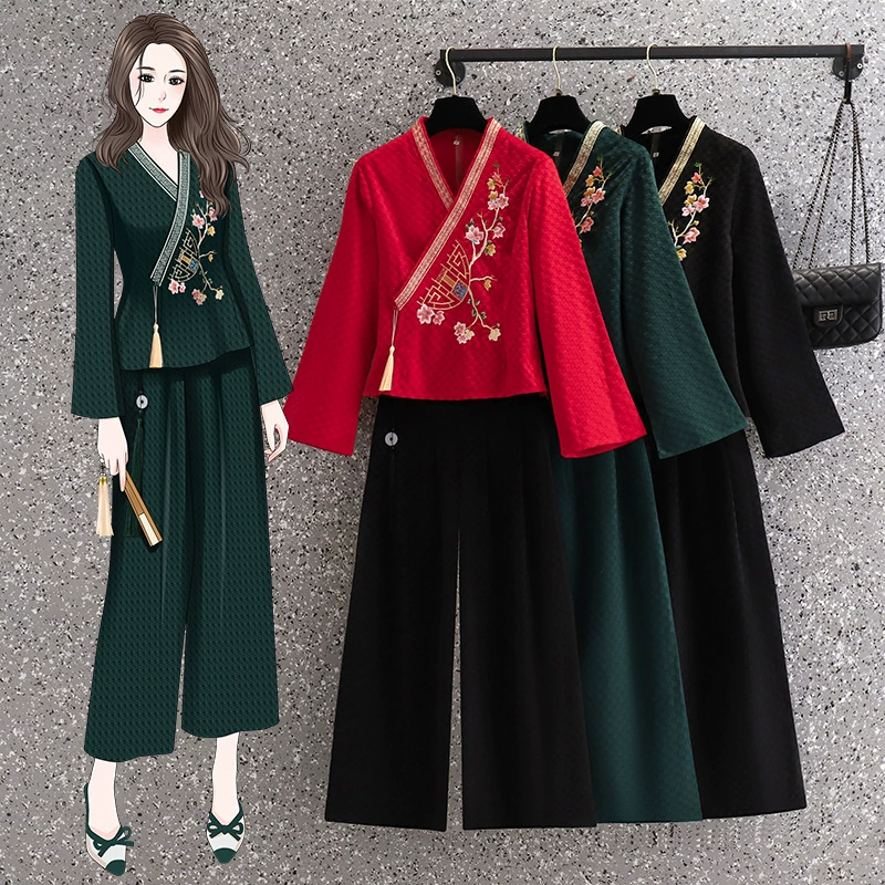  Demi-season velvet retro cheongsam, trousers for work, with embroidery, Chinese style