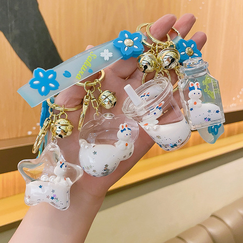 Cartoon Oil Floating Rabbit Doll Quicksand Bottle Keychain Car Keychain Bag Pendant Small Gift Wholesale