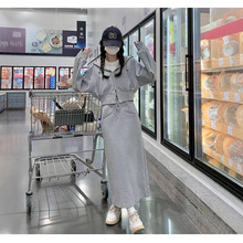 新款韩版春秋短款运动休闲套装女灰色连帽卫衣显瘦开叉半身裙套装
