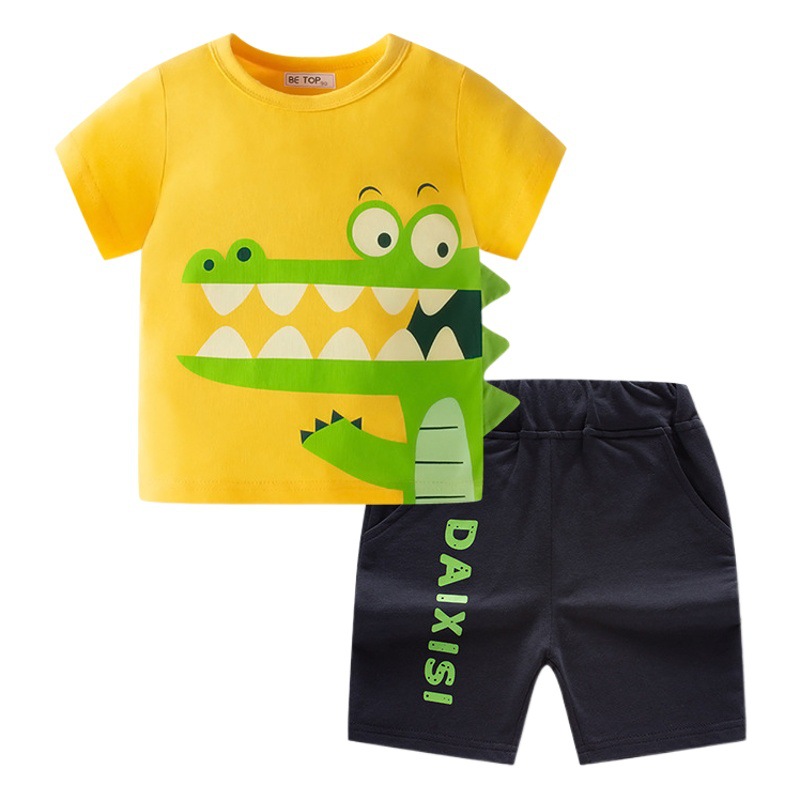 Ropa infantil verano 2026, nuevo conjunto de verano estilo coreano, conjunto de dos piezas con diseño de dinosaurio 3D para niños, conjunto moderno para niños, venta al por mayor