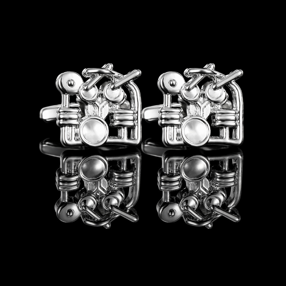 Moda europea y americana nota musical conjunto tambor violín piano guitarra forma metal mancuernas francés camisa mancuernas en stock