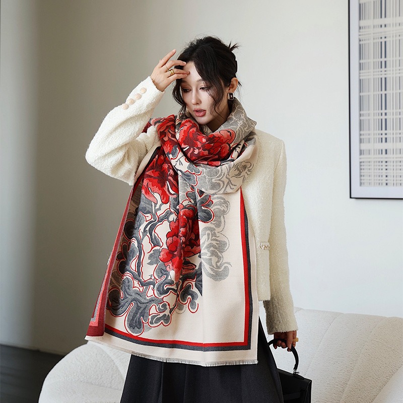 Peony scarf for women in winter, Chinese style double-sided jacquard shawl, warm thick outer layer, photo outfit give to_voghion.com