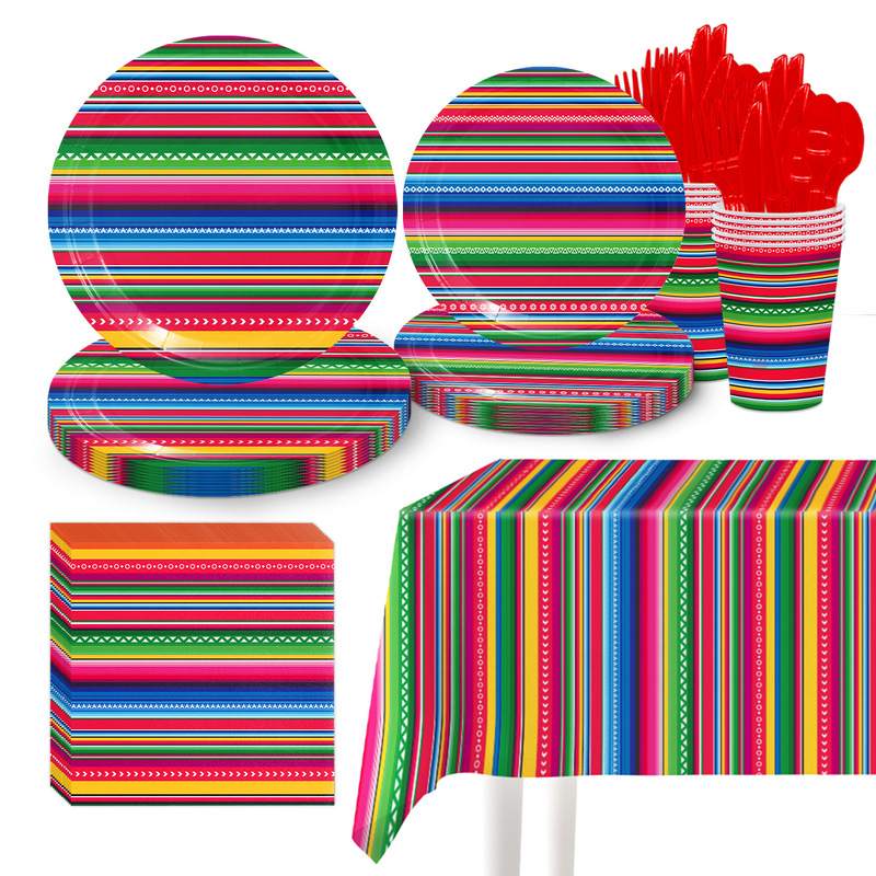 Mexican Striped Birthday Holiday Party Decoration Disposable Tableware suit Paper Tray Paper Cup Paper Towel Tablecloth