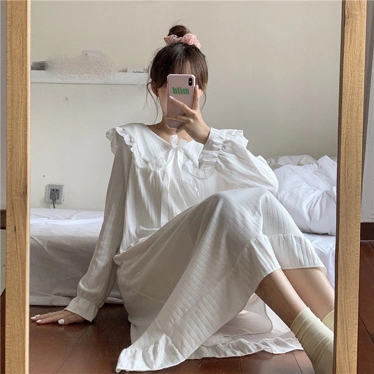Camisón de manga larga ins estilo Pijamas Mujer primavera y otoño hadas pit corte muñeca collar princesa estilo desgaste del hogar