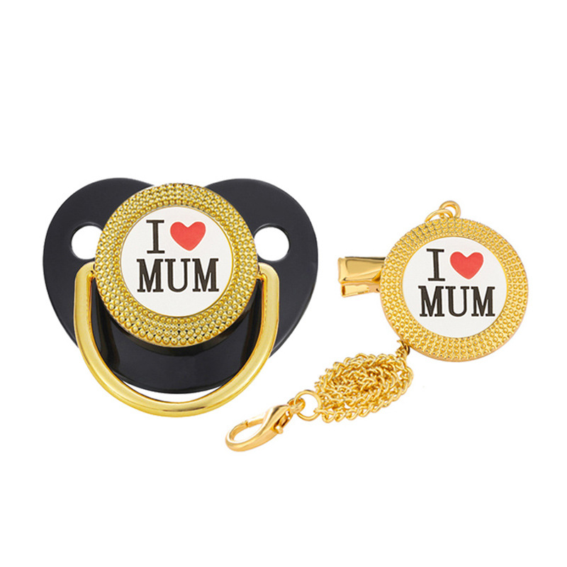 Cross-border Hot-selling Non-diamond Black Baby Loving Mother Pacifier Silicone Baby Packing Mouth with Chain Clip