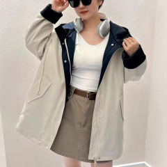 设计感撞色连帽夹棉风衣外套女2025秋冬新款宽松百搭休闲夹克棉服