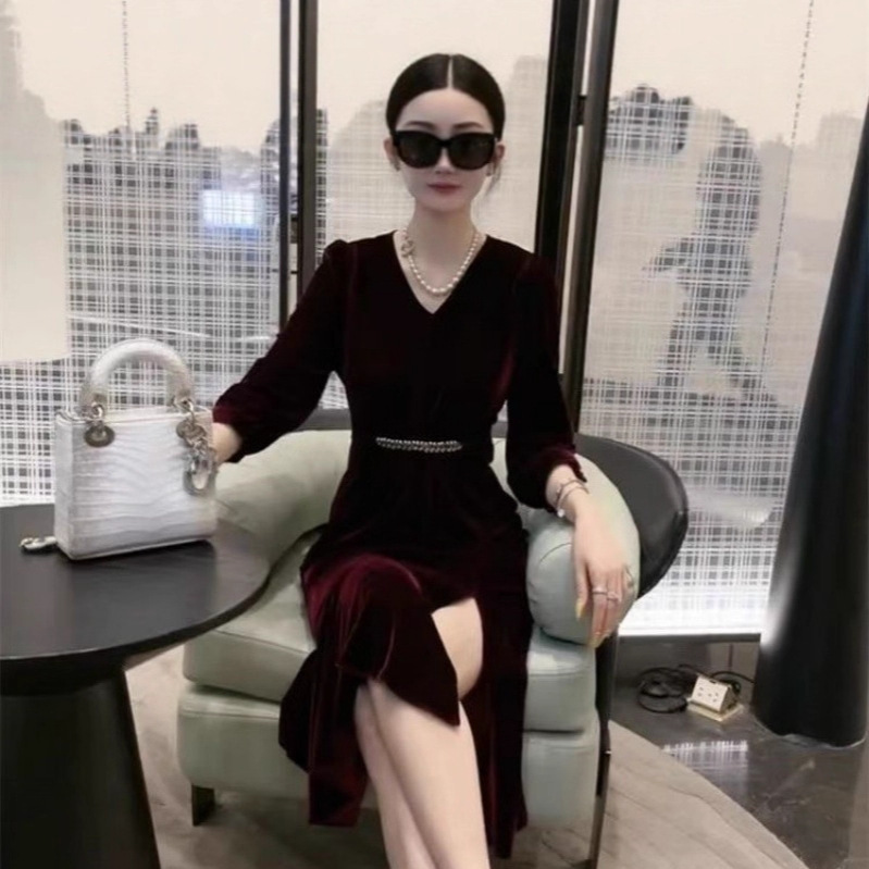 Cross-Border Popular Spring and Autumn High-End Gold Velvet Mid-Length Knee-Length Dress with Elegant Waist and Slimming Fishtail Skirt