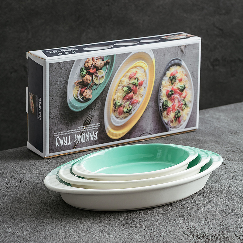 Nuevo plato de sopa a juego de color blanco y verde del fabricante plato de cerámica creativa para hornear hotel plato profundo binaural plato de ensalada ovalado simple