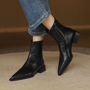 French Pointed Toe Elastic Slim Boots 2025 Autumn and Winter New Super Thick Heel Short Boots Women's Retro Brown Chelsea Boots