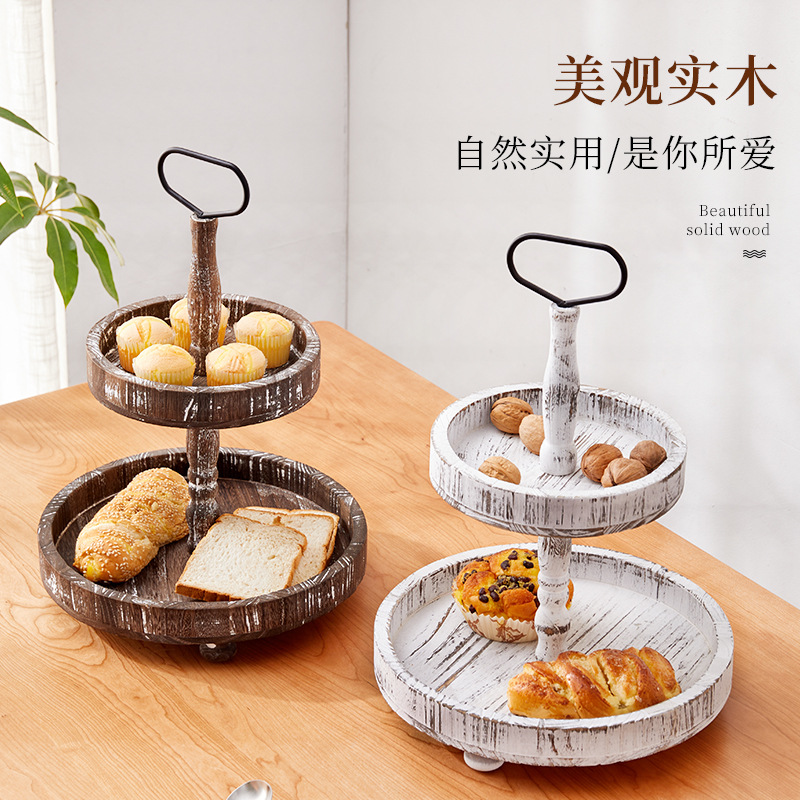 Cruzar la frontera de madera retro de múltiples capas merienda soporte plato de fruta pastel de frutas secas de múltiples capas bandeja de hogar soporte de postre soporte de exhibición