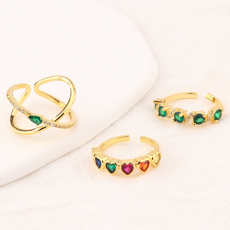 Fashion Geometric Heart Shape Flower Copper Open Ring Inlaid Zircon Copper Rings