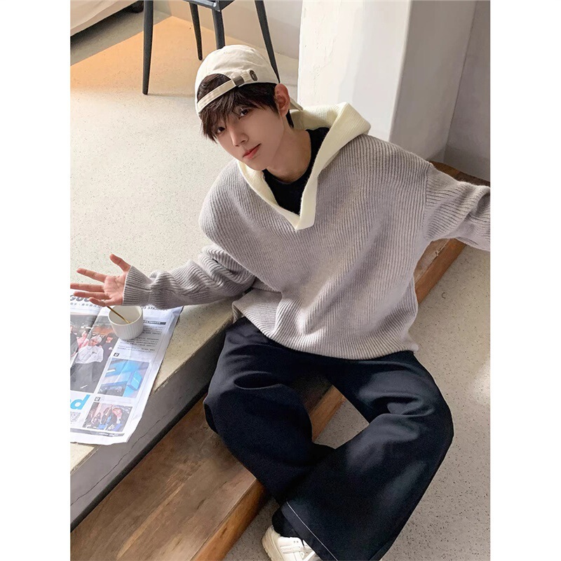 Korean Style Relaxed Hooded Patchwork V-Neck Sweater for Men, Winter Ribbed Warm Loose Versatile Knit Top