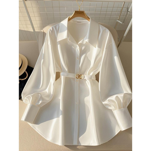 Autumn new style French temperament waist top fat light luxury high-end age-reducing white long-sleeved shirt for women