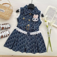 女の子のデニムのワンピース2025夏の新型レースの襟のベストのスカートの女の子の韓国版の子供のスカート