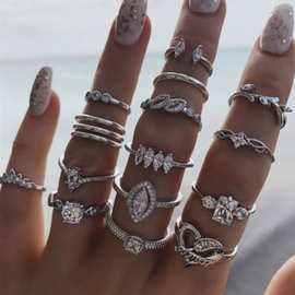 跨境外贸欧美几何型套戒批发 时尚OL树叶爱心镶钻15件套装戒指女