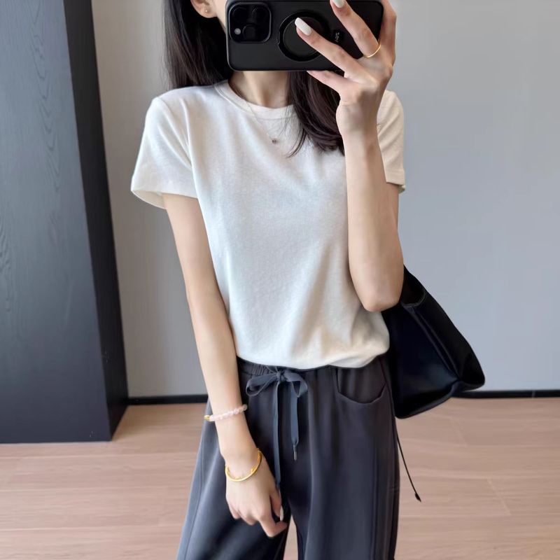 上海ラネージュ韓国版シンプルなラウンドネック半袖 Tシャツ女性のための 2025 夏の新しいルーズ通気性トップ 250201|undefined